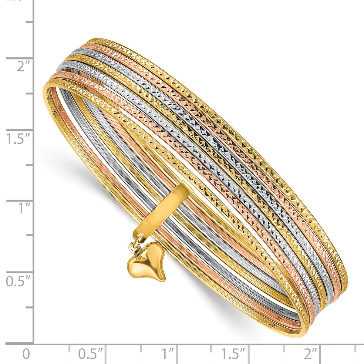 14K w/Dangle Heart Tri-color Set of 7 Textured Slip-on Bangles-DB536