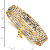 14K w/Dangle Heart Tri-color Set of 7 Textured Slip-on Bangles-DB536