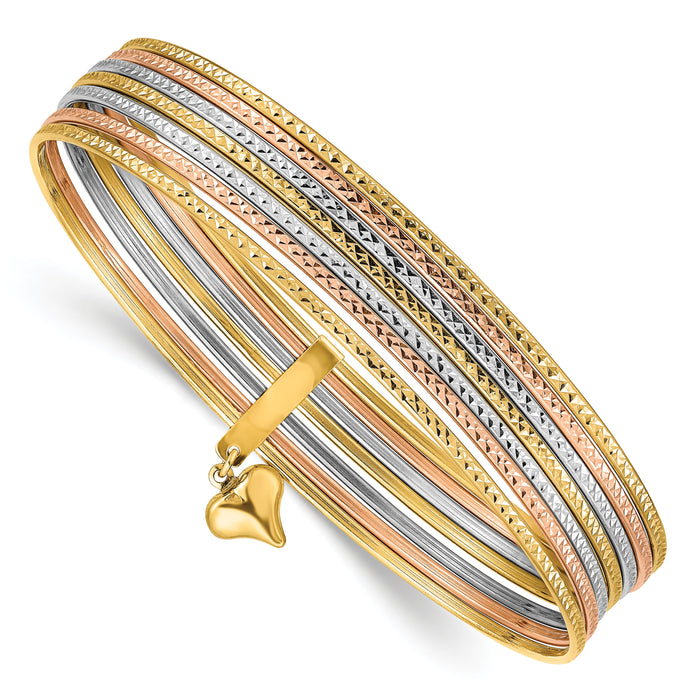 14K w/Dangle Heart Tri-color Set of 7 Textured Slip-on Bangles-DB536