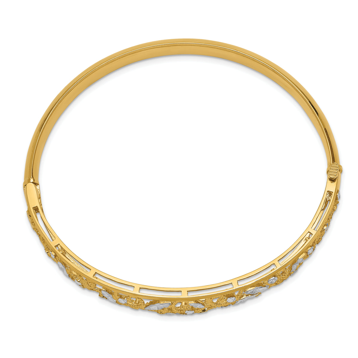14K w/White Rhodium Diamond-cut Graduated Hinged Bangle Bracelet-DB555