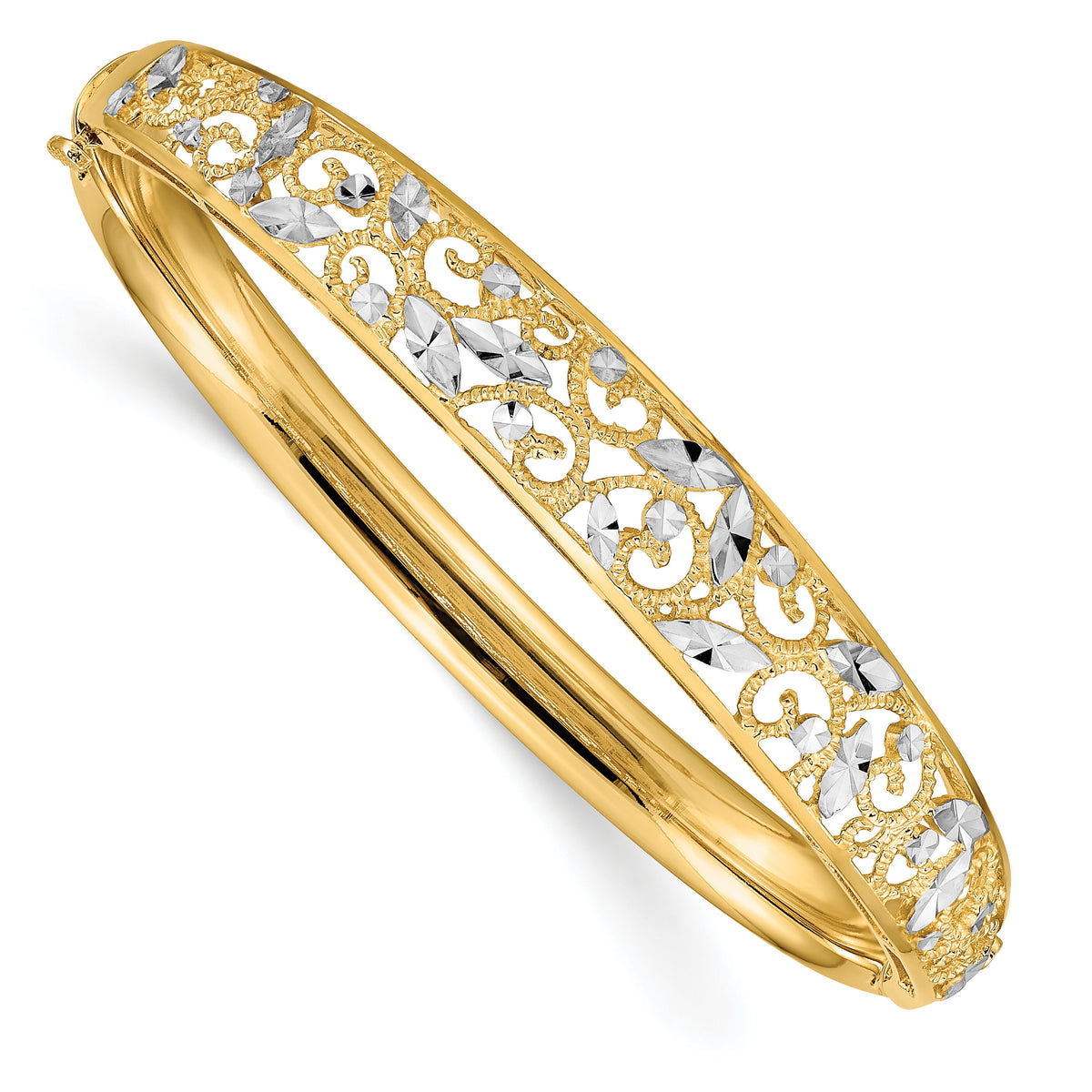 14K w/White Rhodium Diamond-cut Graduated Hinged Bangle Bracelet-DB555