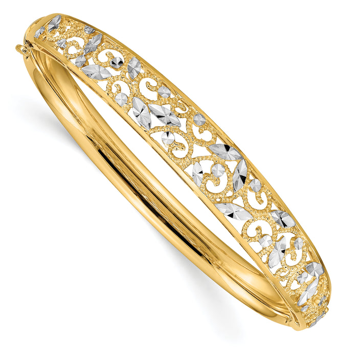 14K w/White Rhodium Diamond-cut Graduated Hinged Bangle Bracelet-DB555
