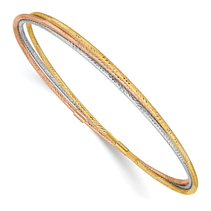 14k Tri-color Diamond-cut 3 Intertwined Slip-on Bangles-DB576