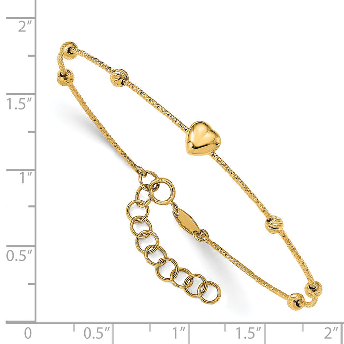 14K D/C Beads with Heart w/1in ext. Flexible Bangle Bracelet-DB683