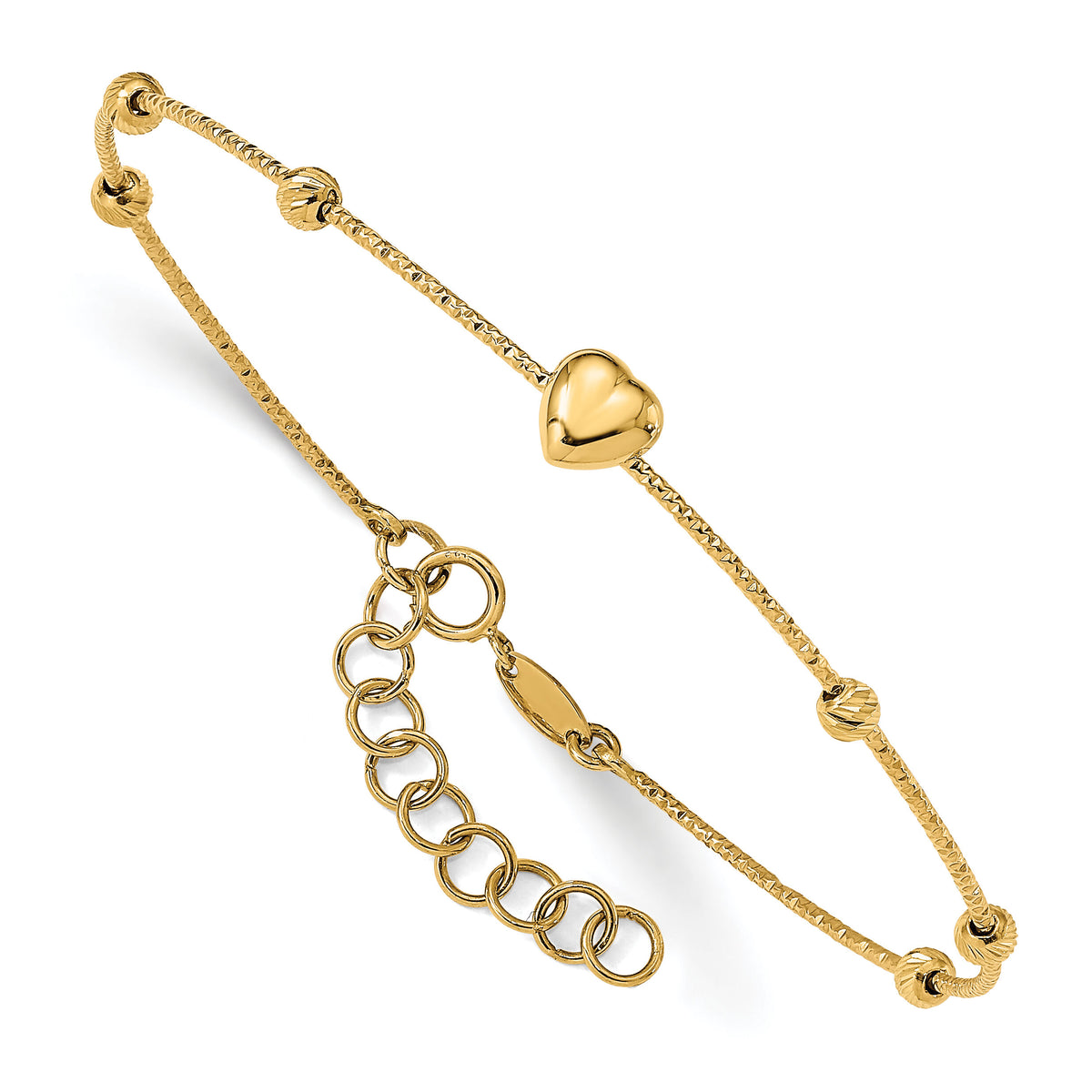 14K D/C Beads with Heart w/1in ext. Flexible Bangle Bracelet-DB683