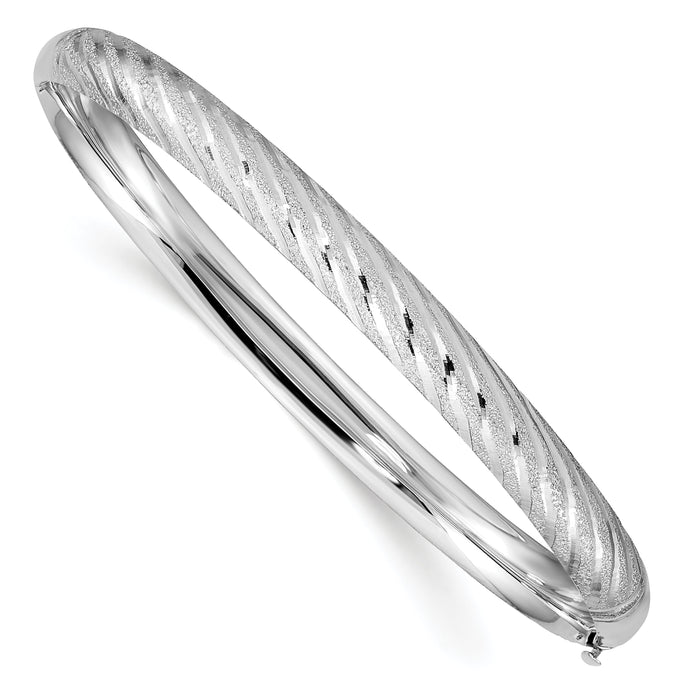 14k White Gold Textured Diamond-cut Twisted Hinged Bangle-DB702W