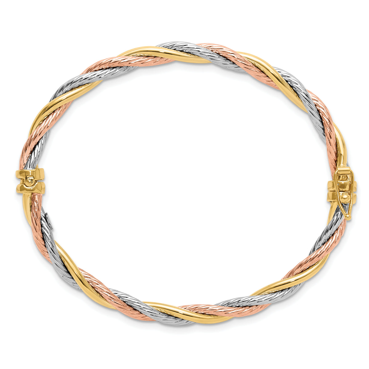 14K Tri-color Polished and Twisted Hinged Bangle Bracelet-DB730