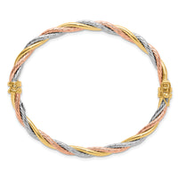 14K Tri-color Polished and Twisted Hinged Bangle Bracelet-DB730