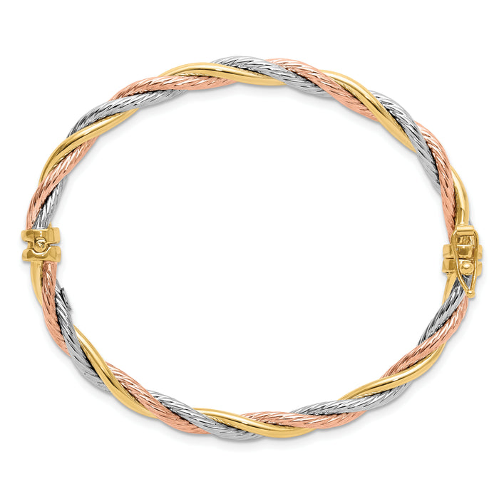 14K Tri-color Polished and Twisted Hinged Bangle Bracelet-DB730