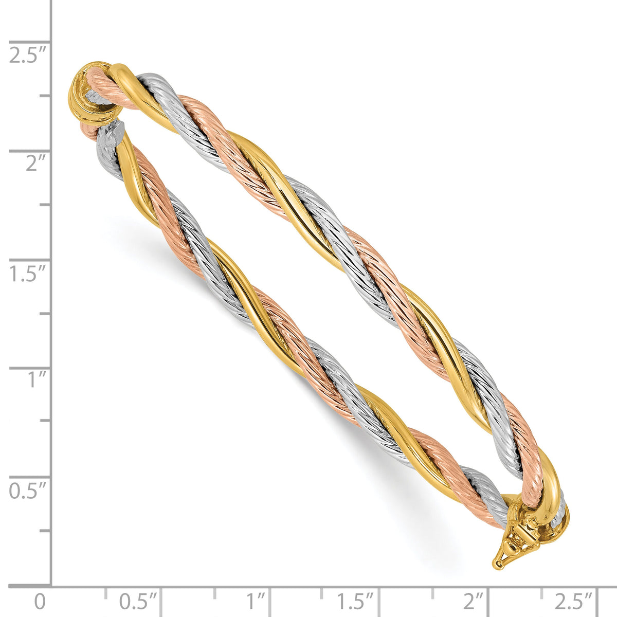14K Tri-color Polished and Twisted Hinged Bangle Bracelet-DB730
