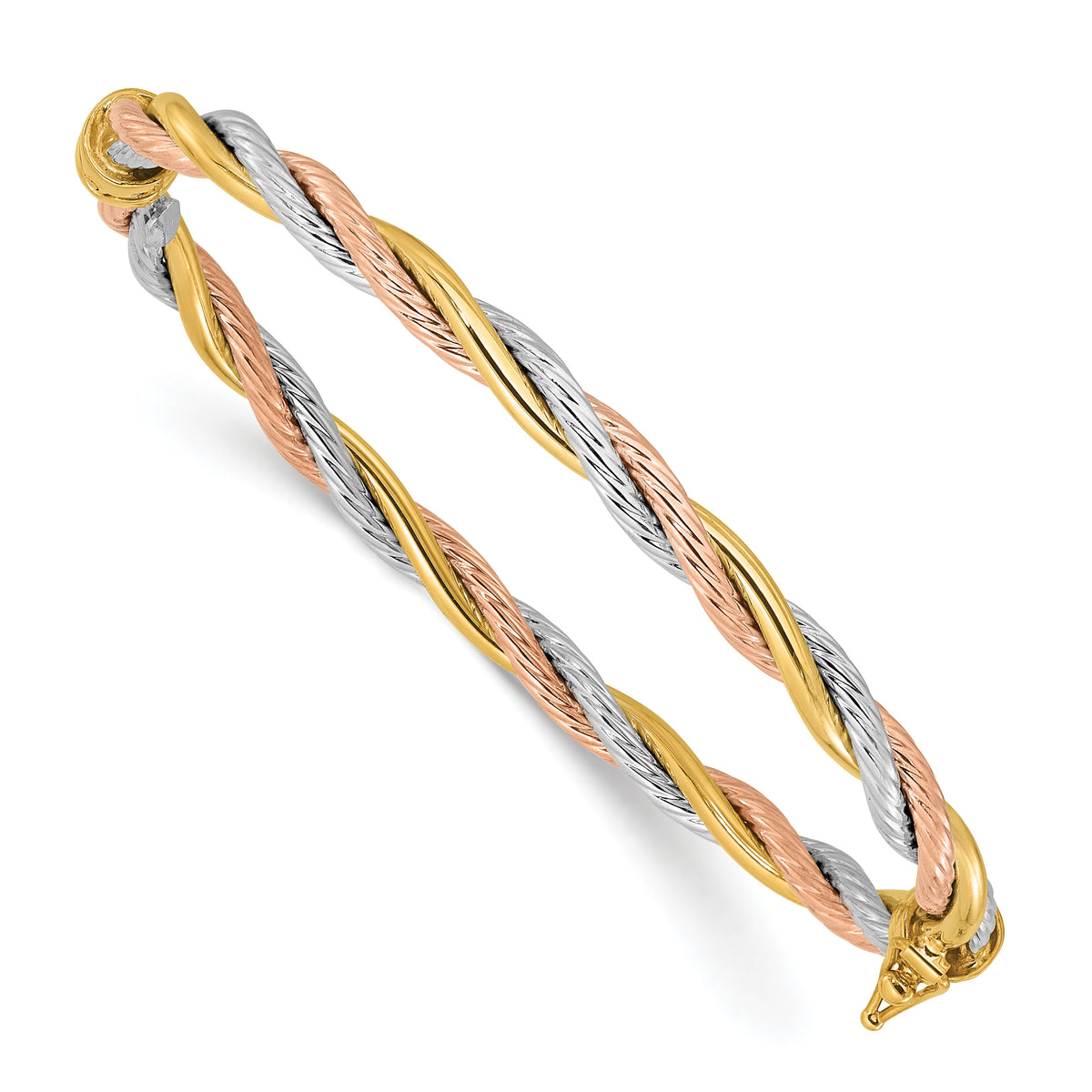 14K Tri-color Polished and Twisted Hinged Bangle Bracelet-DB730