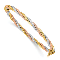 14K Tri-color Polished and Twisted Hinged Bangle Bracelet-DB730