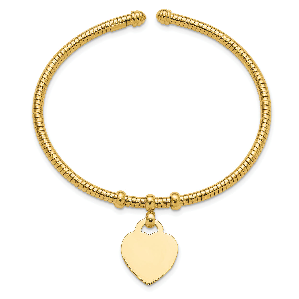 14K Polished and Textured Flexible Heart Dangle Bangle Bracelet-DB739