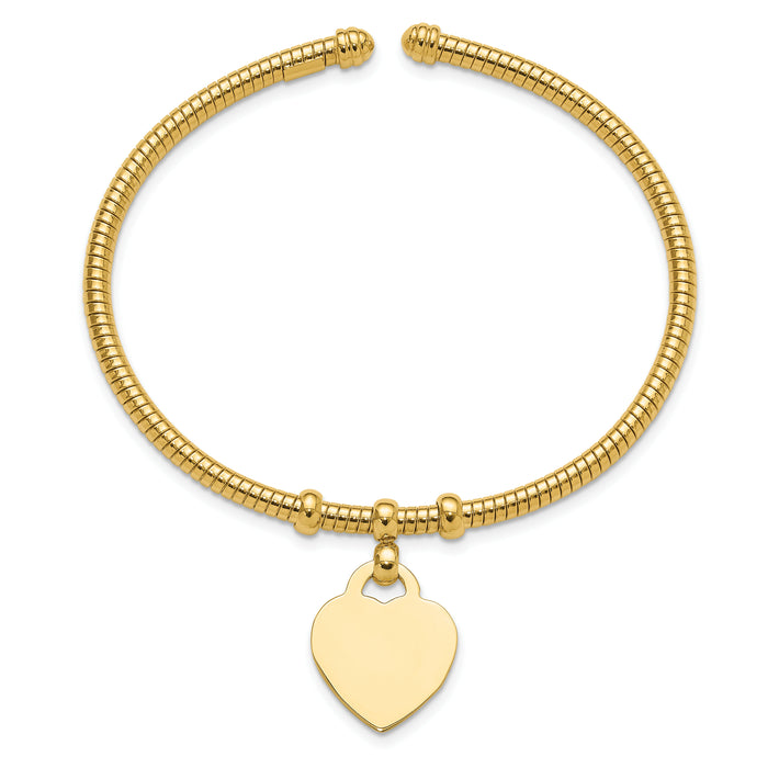 14K Polished and Textured Flexible Heart Dangle Bangle Bracelet-DB739