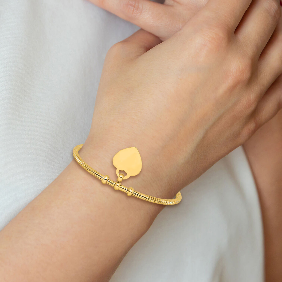 14K Polished and Textured Flexible Heart Dangle Bangle Bracelet-DB739
