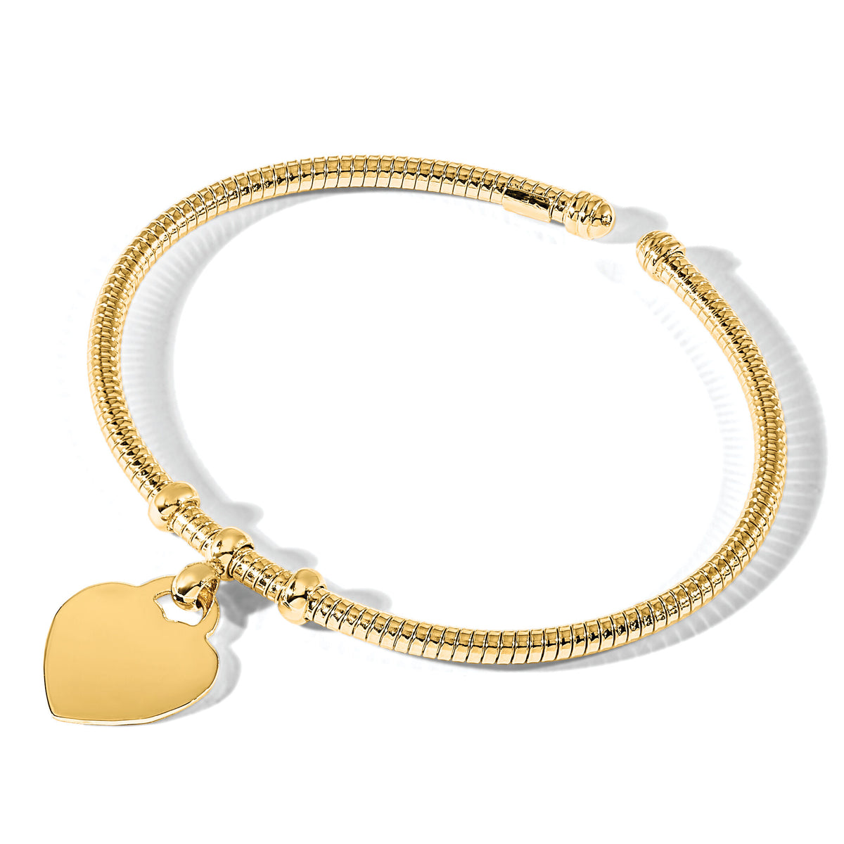 14K Polished and Textured Flexible Heart Dangle Bangle Bracelet-DB739