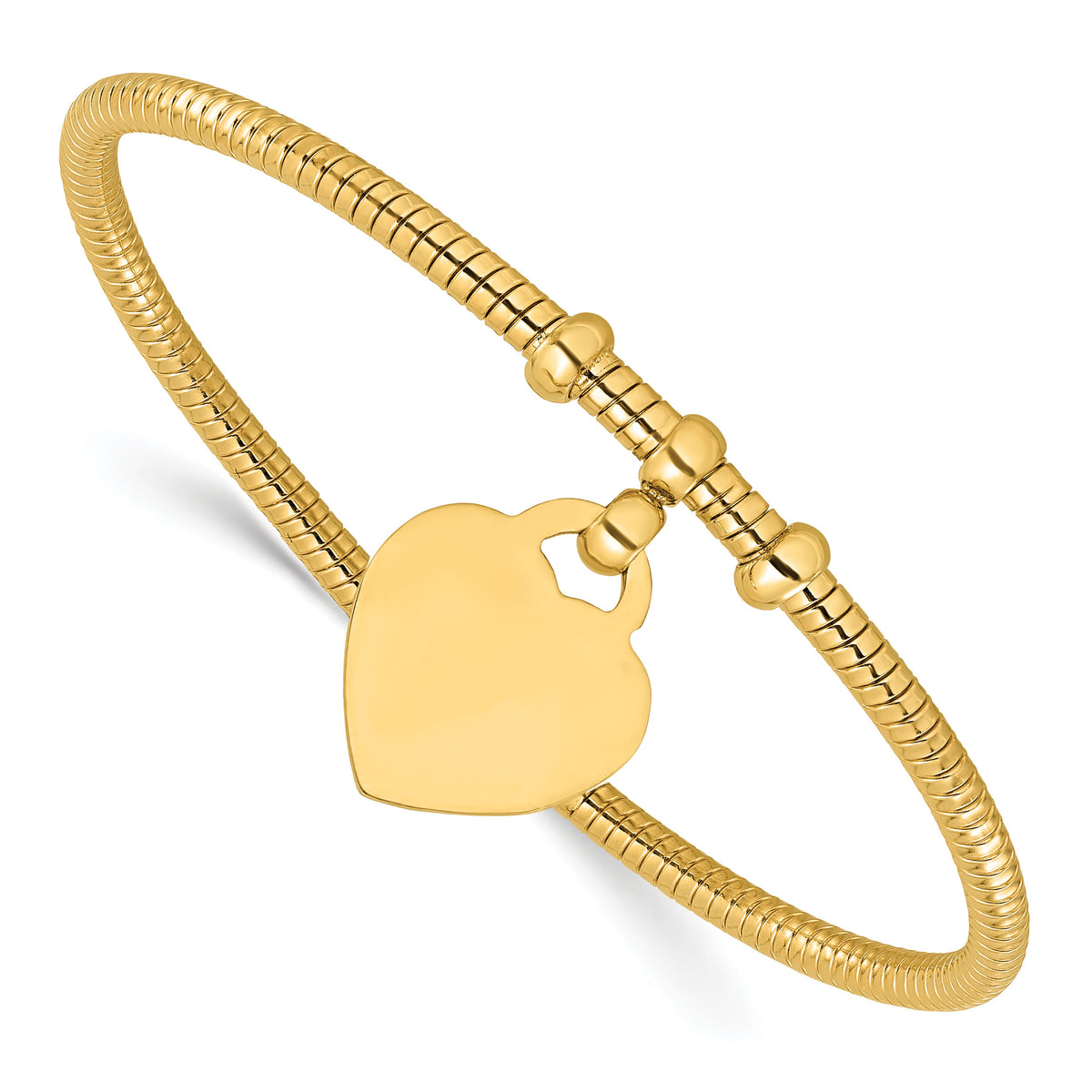 14K Polished and Textured Flexible Heart Dangle Bangle Bracelet-DB739