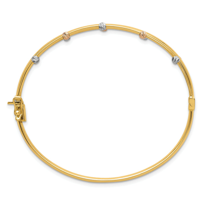 14k Tri-color Polished 3 Row D/C Bead Hinged Bangle Bracelet-DB747