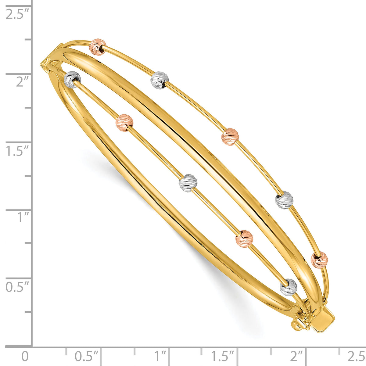 14k Tri-color Polished 3 Row D/C Bead Hinged Bangle Bracelet-DB747
