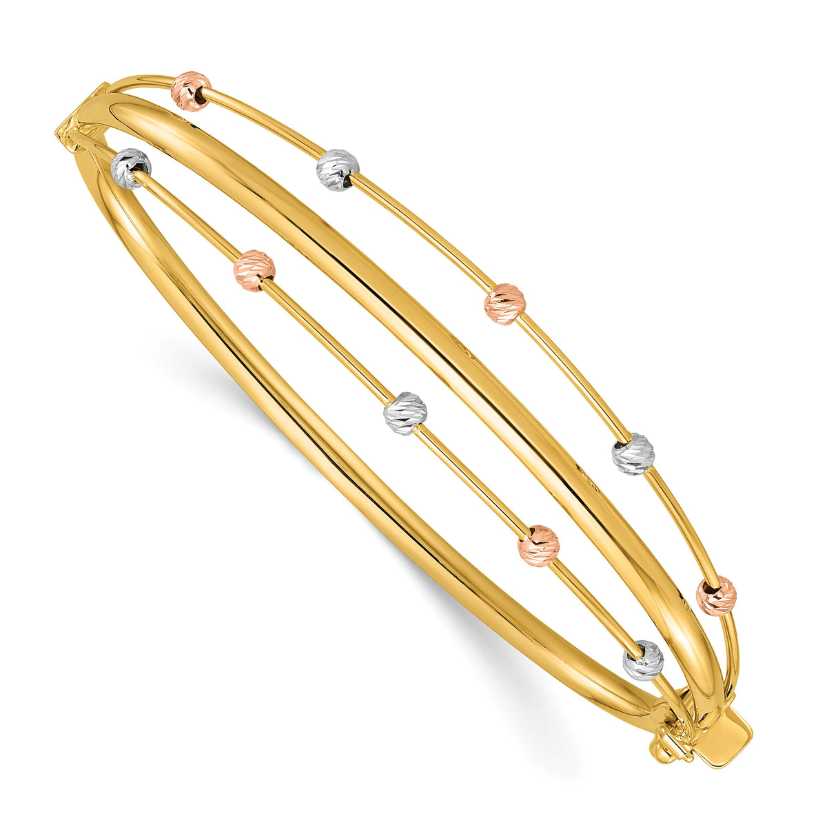 14k Tri-color Polished 3 Row D/C Bead Hinged Bangle Bracelet-DB747