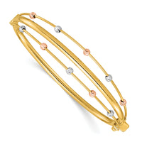 14k Tri-color Polished 3 Row D/C Bead Hinged Bangle Bracelet-DB747