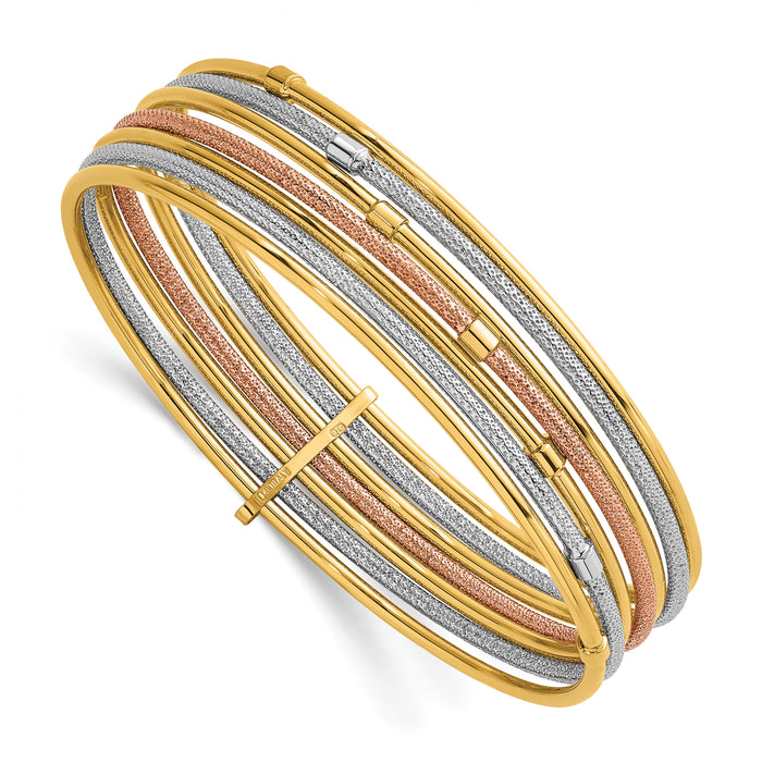 14K w/White &Rose RH Polish and Textured 7 Row Slip On Bangle-DB751