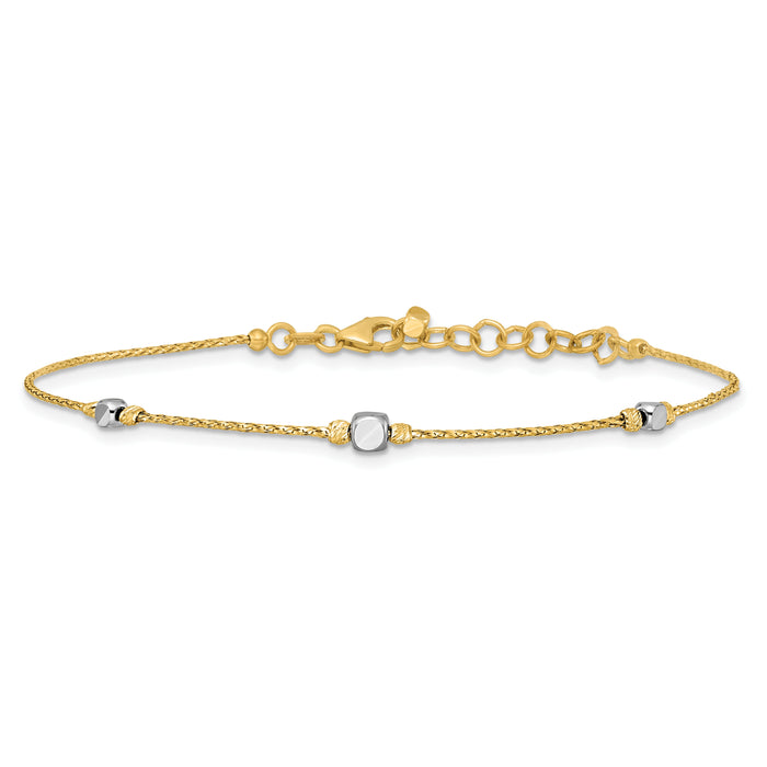 14K Two-Tone Polished Diamond-cut Beaded 7in w/1in ext. Bracelet-DB766