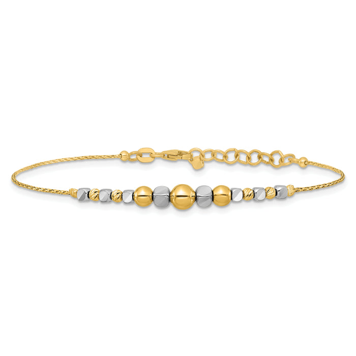 14K Two-Tone Polished Diamond-cut Beaded 7in w/1in ext. Bracelet-DB768