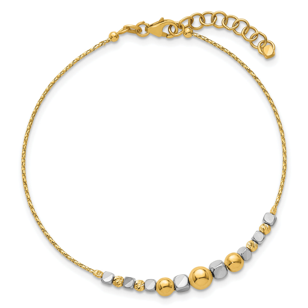 14K Two-Tone Polished Diamond-cut Beaded 7in w/1in ext. Bracelet-DB768