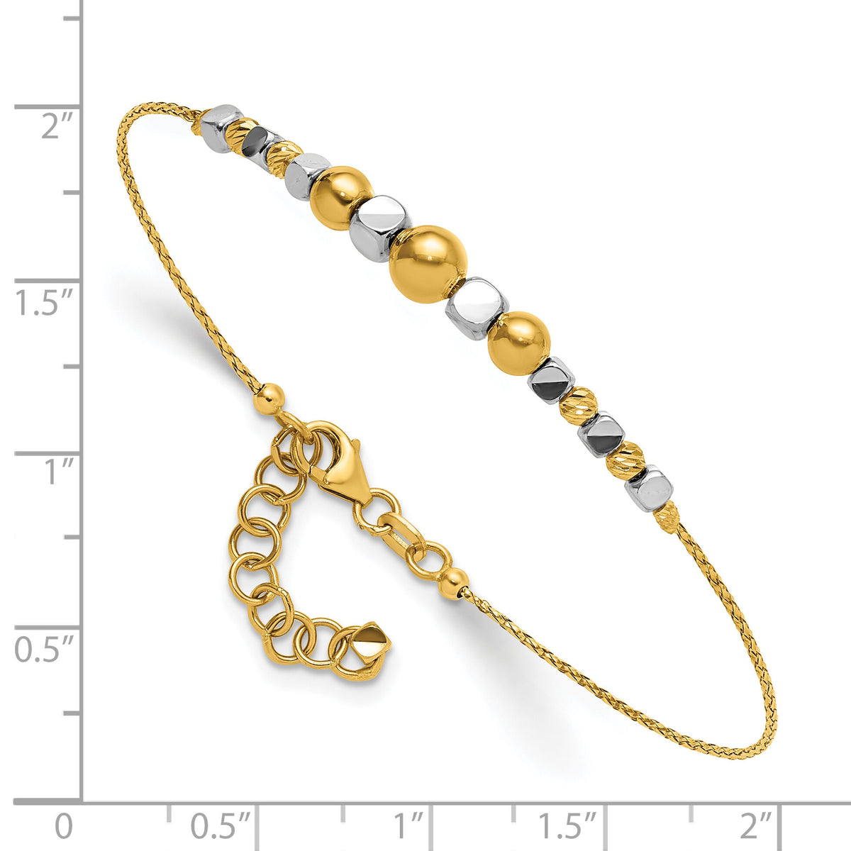 14K Two-Tone Polished Diamond-cut Beaded 7in w/1in ext. Bracelet-DB768