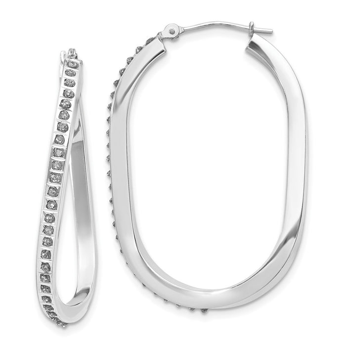 14k White Gold Diamond Fascination Oval Twist Hinged Hoop Earrings-DF151