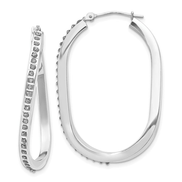 14k White Gold Diamond Fascination Oval Twist Hinged Hoop Earrings-DF151