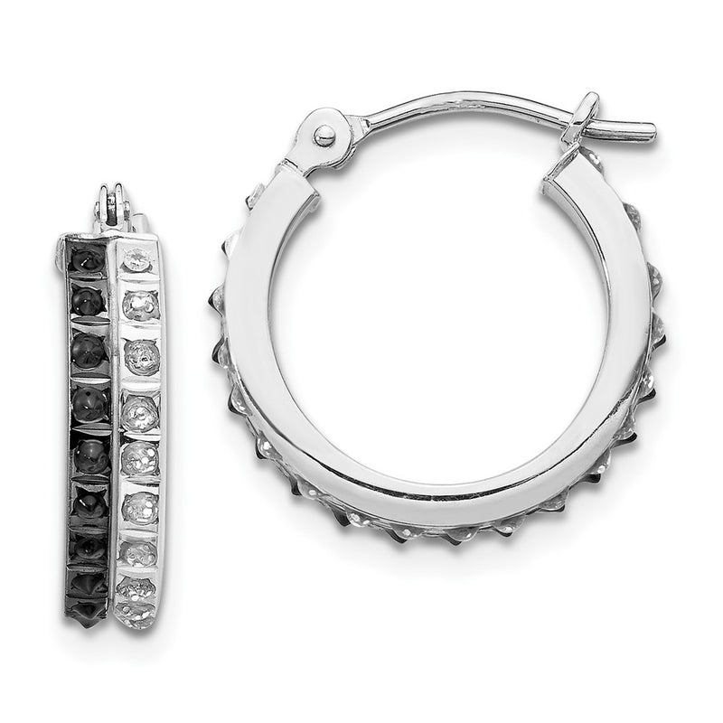 14k White Gold Diamond Fascination B & W Diamond Round Hinged Hoop Earrings-DF253