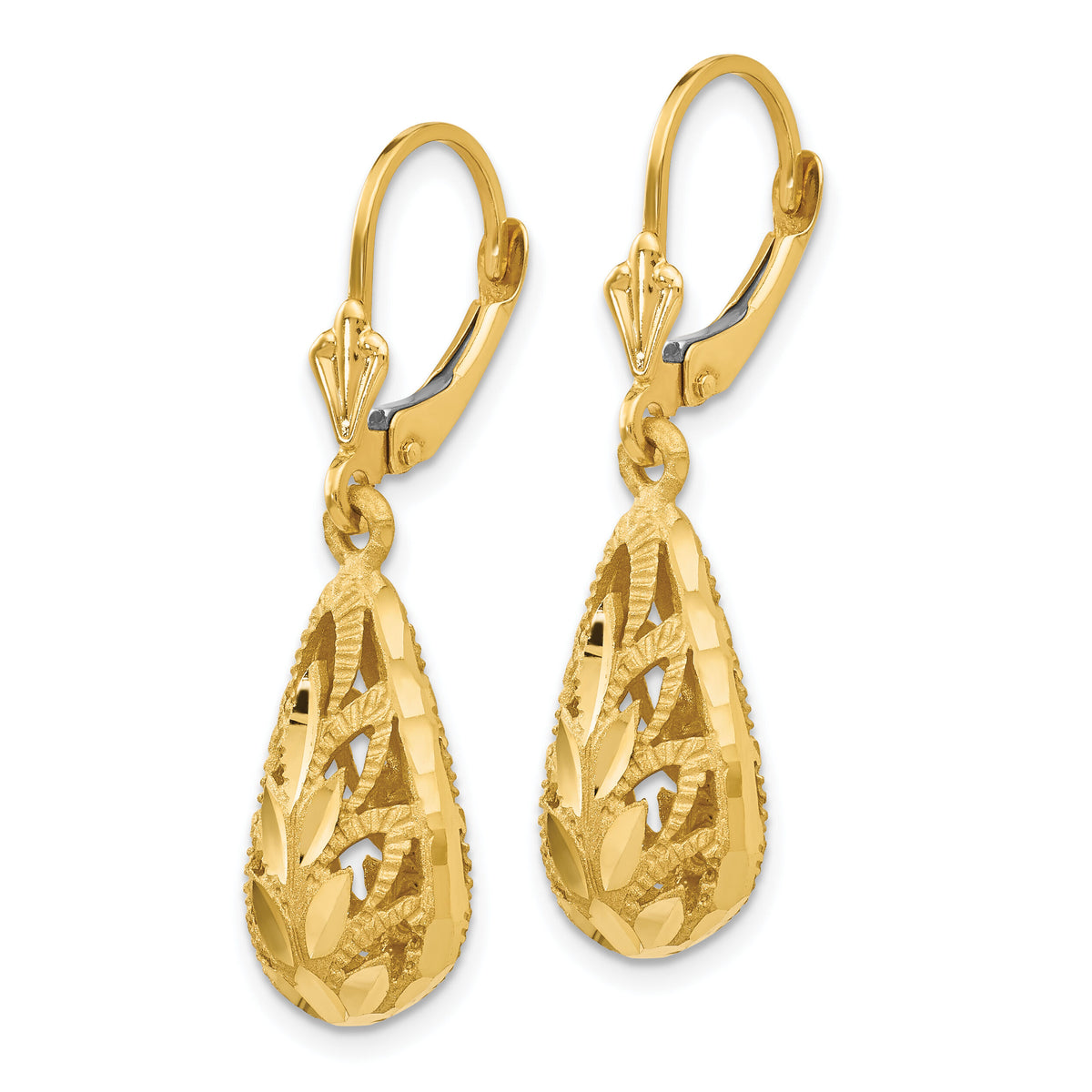 14k Polished and Diamond-Cut Dangle Leverback Earrings-E742