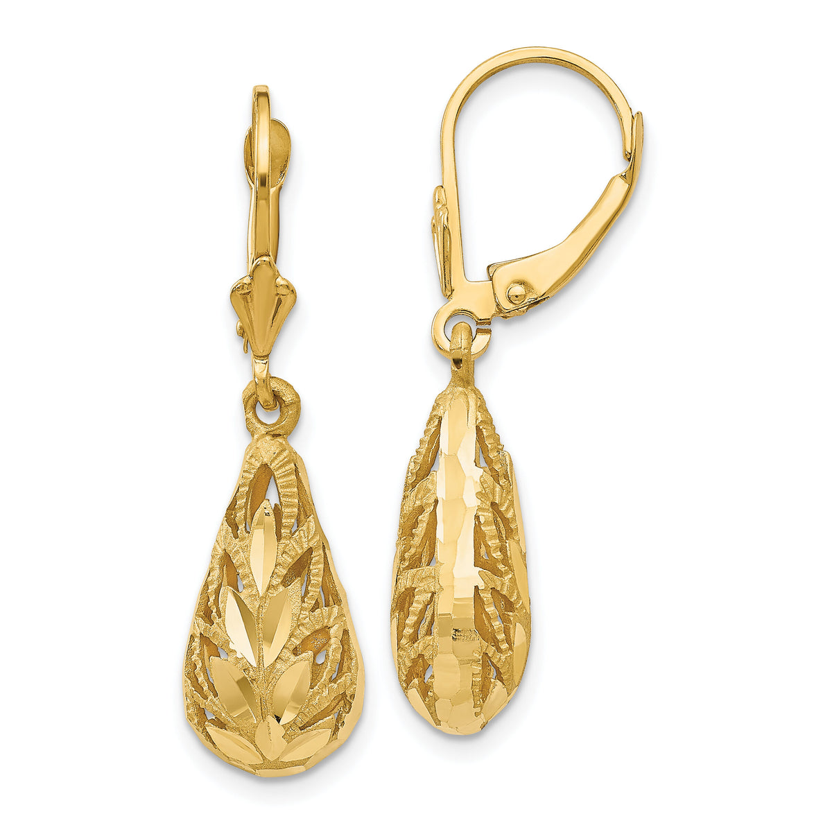 14k Polished and Diamond-Cut Dangle Leverback Earrings-E742
