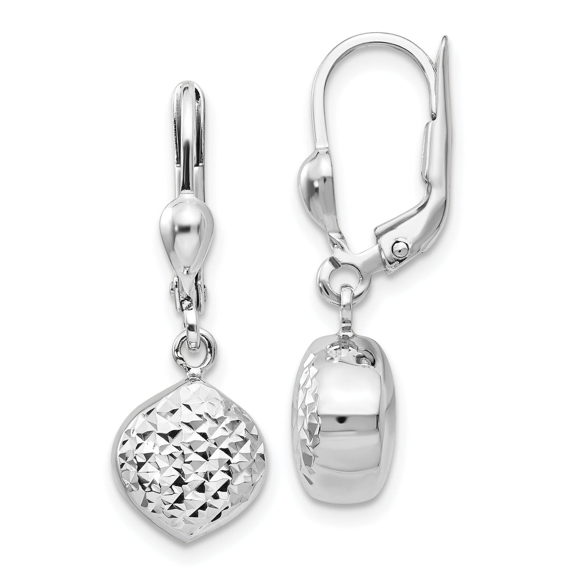 14k White Gold Polished Diamond-Cut Dangle Leverback Earrings-E766