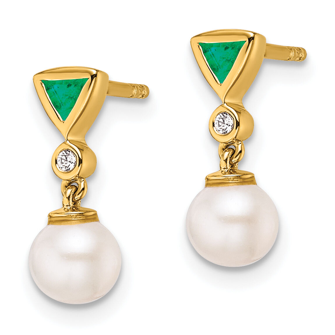 14K Polished Diamond and Emerald Pearl Dangle Post Earrings-EM10036-EM-002-YAA