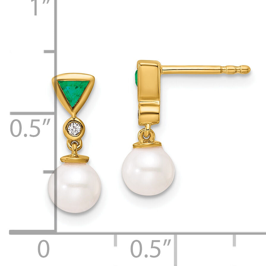 14K Polished Diamond and Emerald Pearl Dangle Post Earrings-EM10036-EM-002-YAA