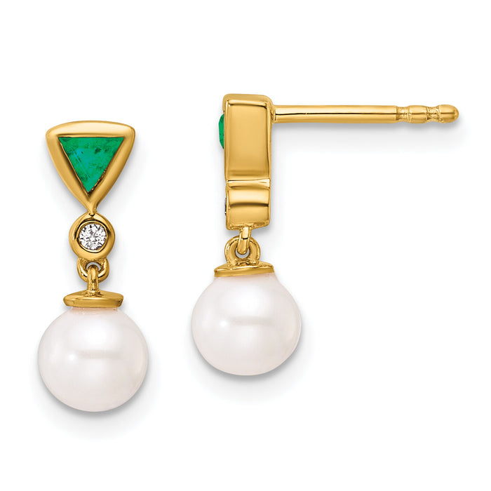 14K Polished Diamond and Emerald Pearl Dangle Post Earrings-EM10036-EM-002-YAA