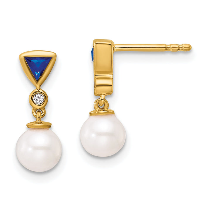 14K Polished Diamond and Sapphire Pearl Dangle Post Earrings-EM10036-SA-002-YAA