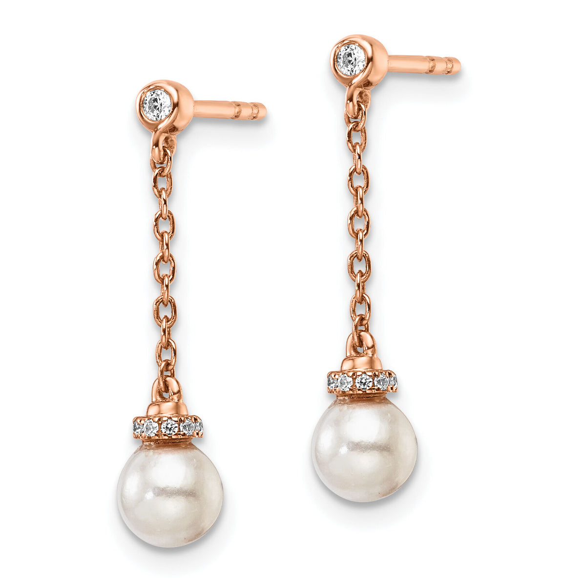 14K Rose Gold Polished Diamond and Pearl Chain Dangle Post Earrings-EM10183-009-RAA