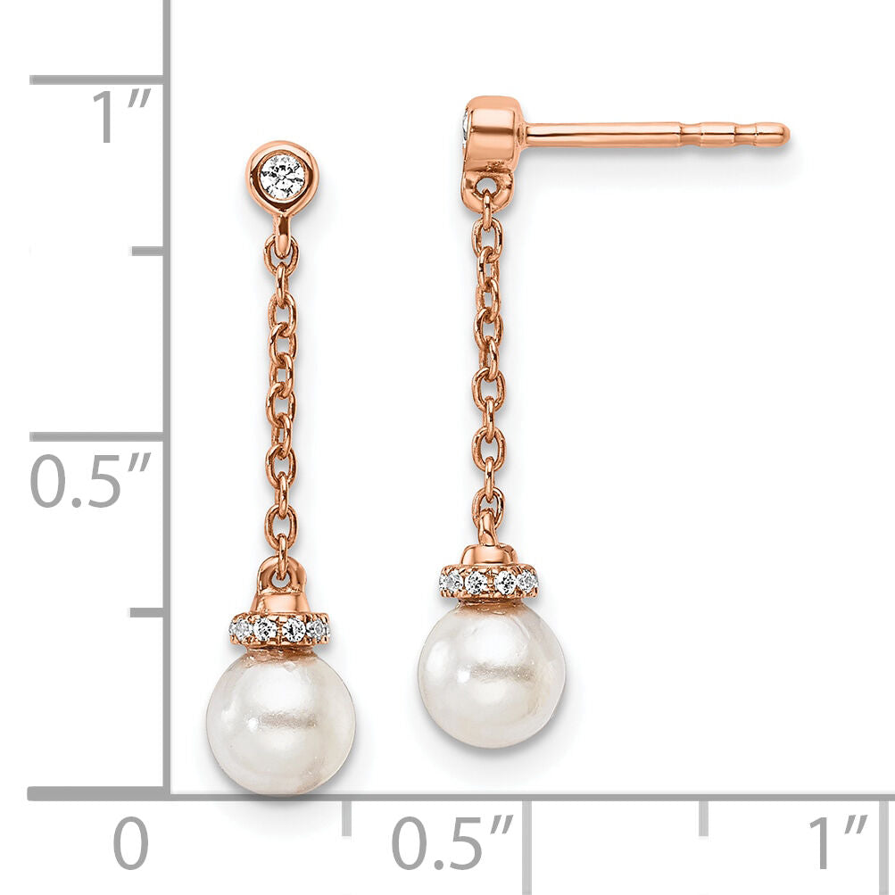 14K Rose Gold Polished Diamond and Pearl Chain Dangle Post Earrings-EM10183-009-RAA