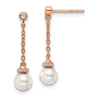 14K Rose Gold Polished Diamond and Pearl Chain Dangle Post Earrings-EM10183-009-RAA