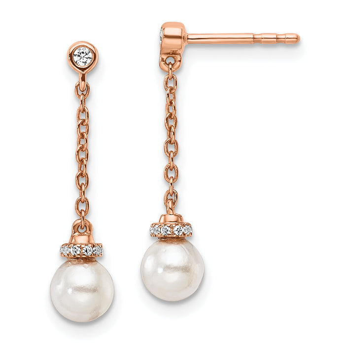 14K Rose Gold Polished Diamond and Pearl Chain Dangle Post Earrings-EM10183-009-RAA