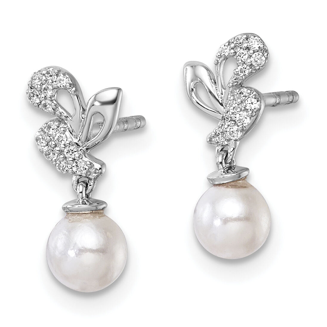 14K White Gold Polished Diamond and Pearl Dangle Post Earrings-EM10186-010-WAA