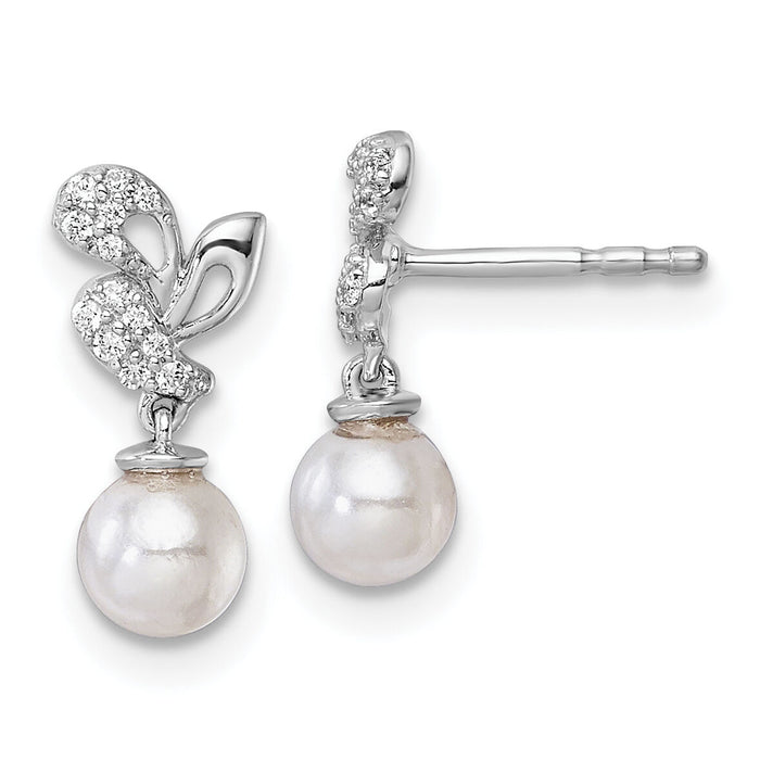 14K White Gold Polished Diamond and Pearl Dangle Post Earrings-EM10186-010-WAA