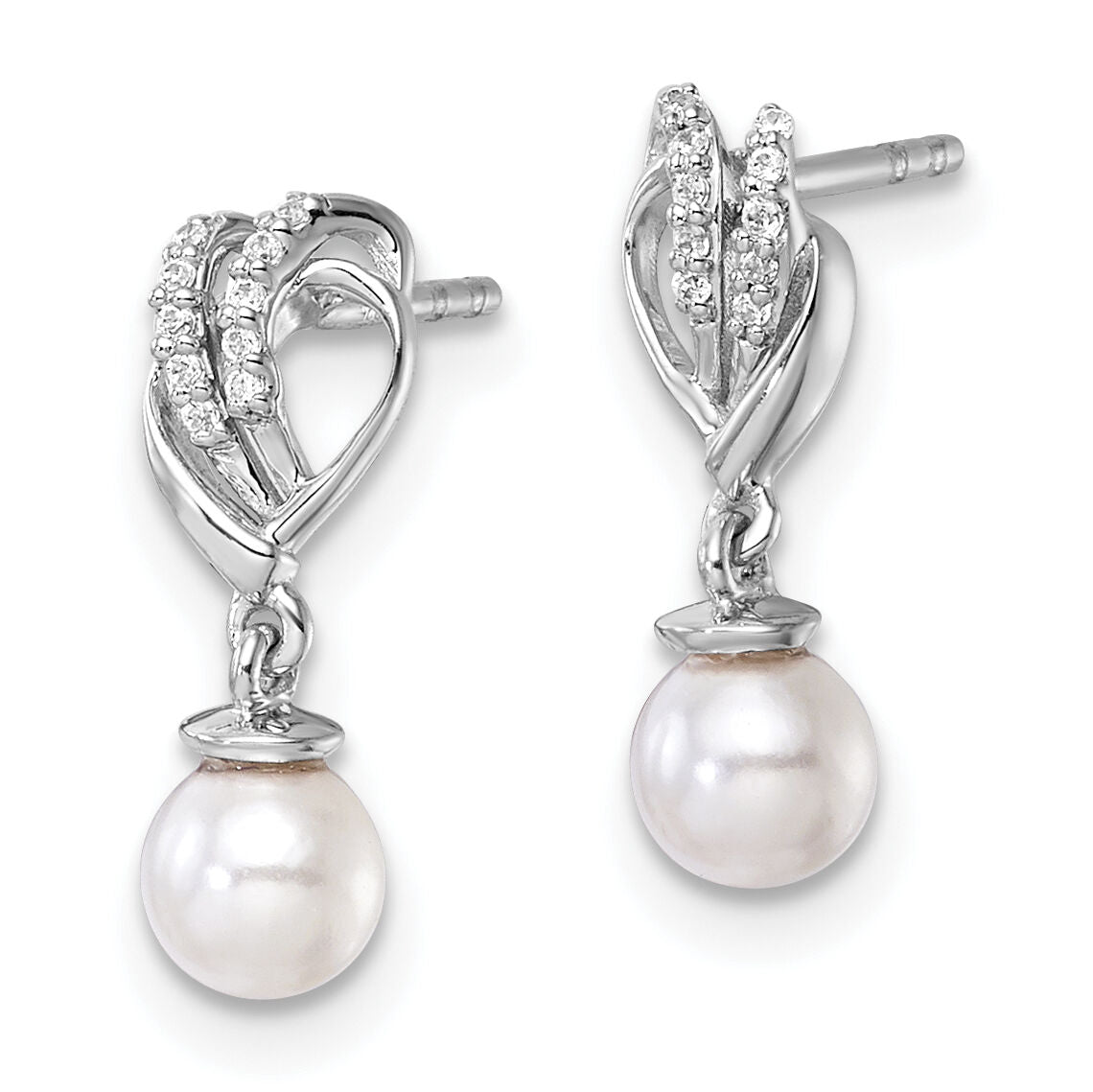 14K White Gold Polished Diamond and Pearl Dangle Post Earrings-EM10189-007-WAA