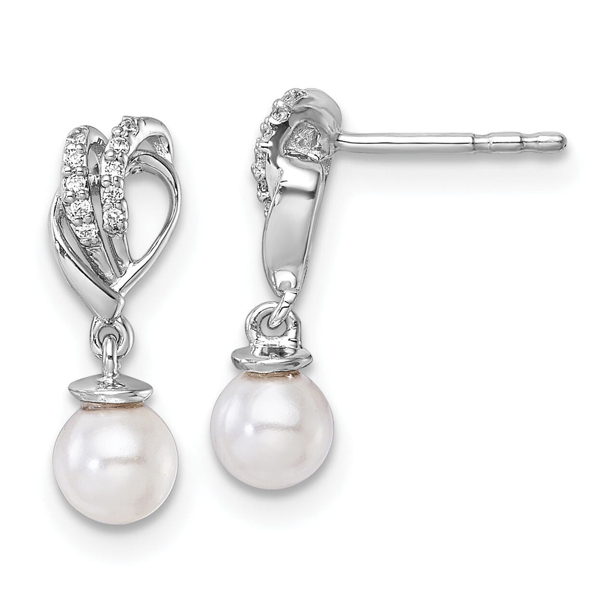 14K White Gold Polished Diamond and Pearl Dangle Post Earrings-EM10189-007-WAA