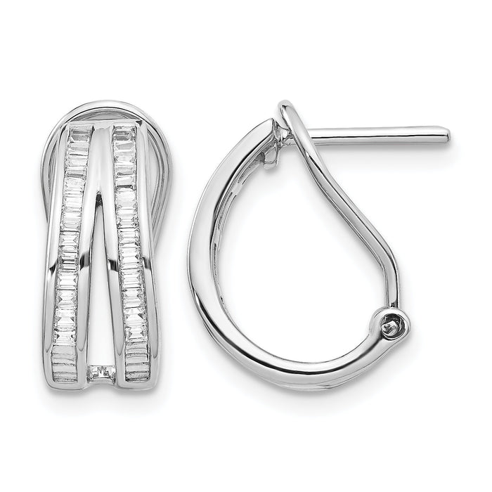14k White Gold 2-row Baguette Diamond Omega Back Hoop Earrings-EM4226-050-WA