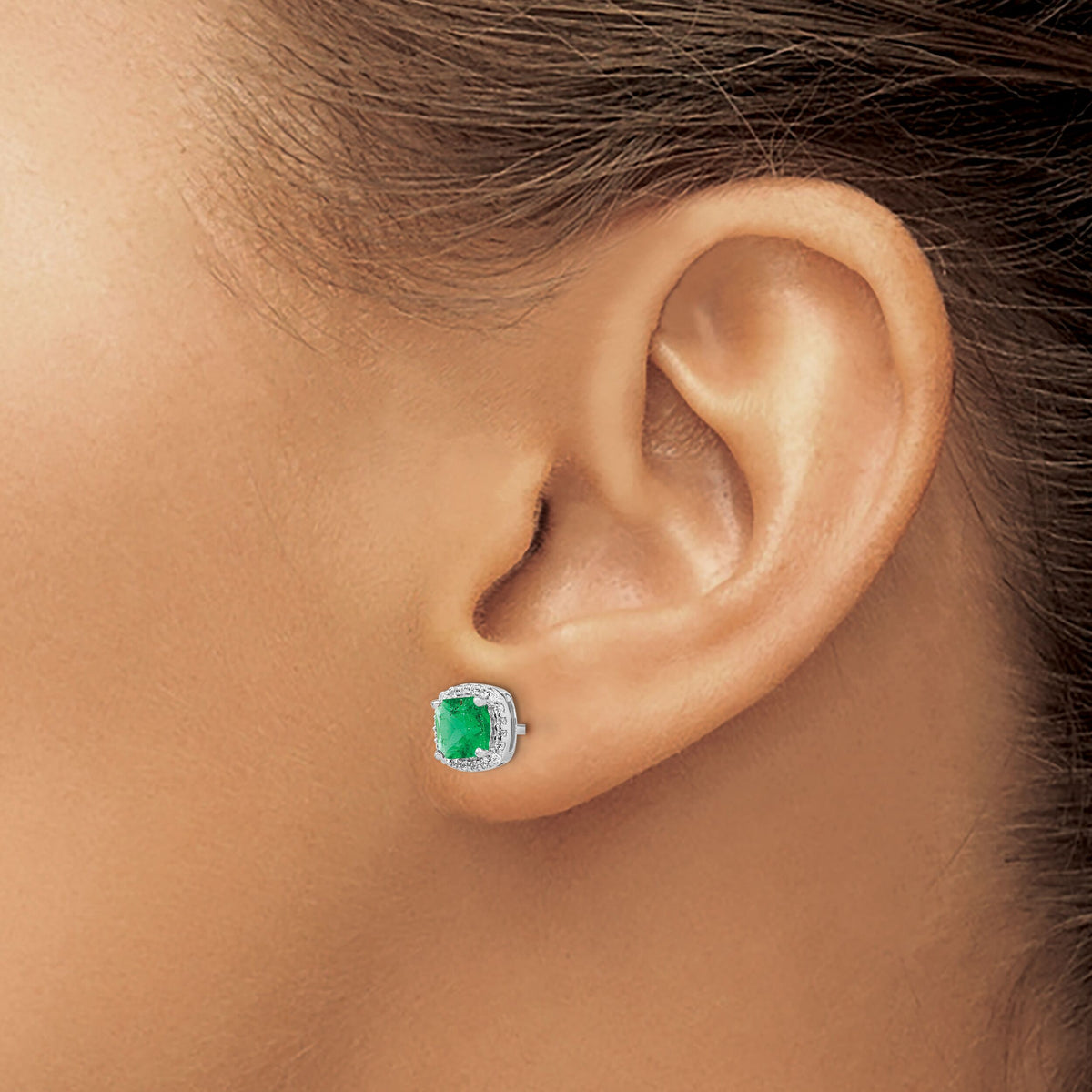 14k White Gold Cushion Emerald and Diamond Halo Earrings-EM4241-EM-015-WA